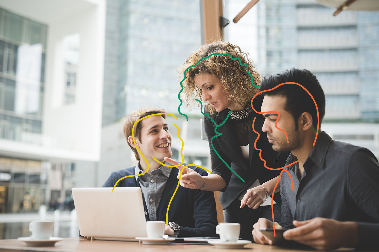 three-people-orange-yellow-green-outline-woman-explaning-Management-Drives